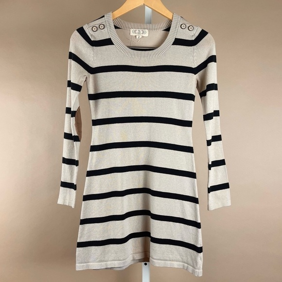 Pink Rose Size Petite Small Elbow Patch Sweater Dress Retro Striped Nautical - Picture 1 of 6